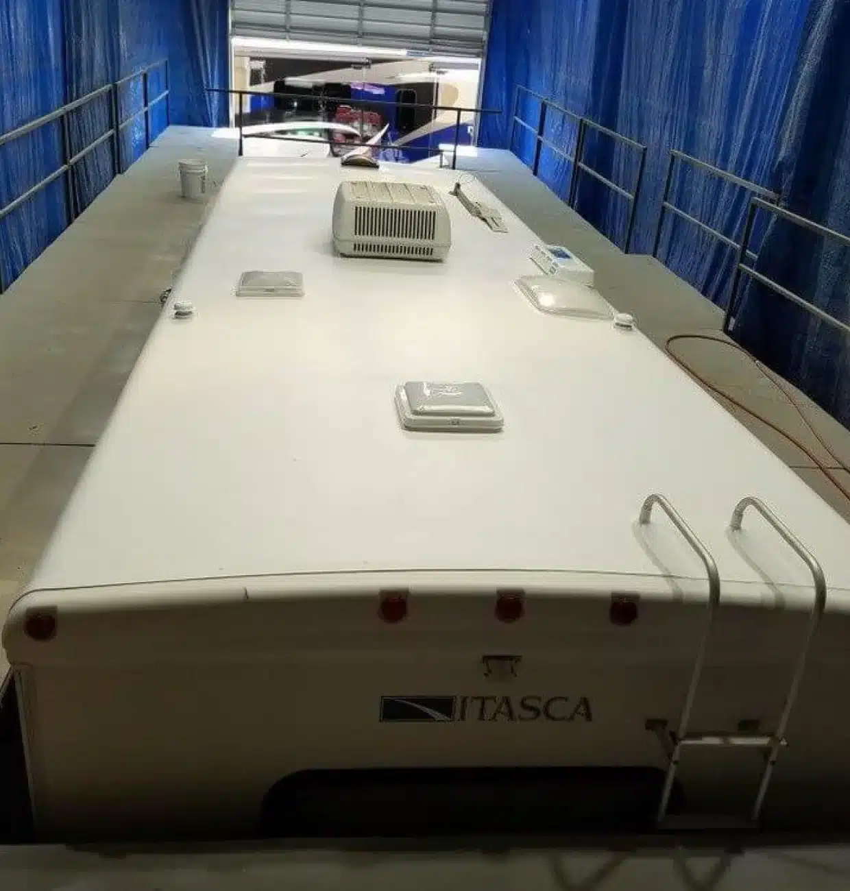 White RV roof in storage facility
