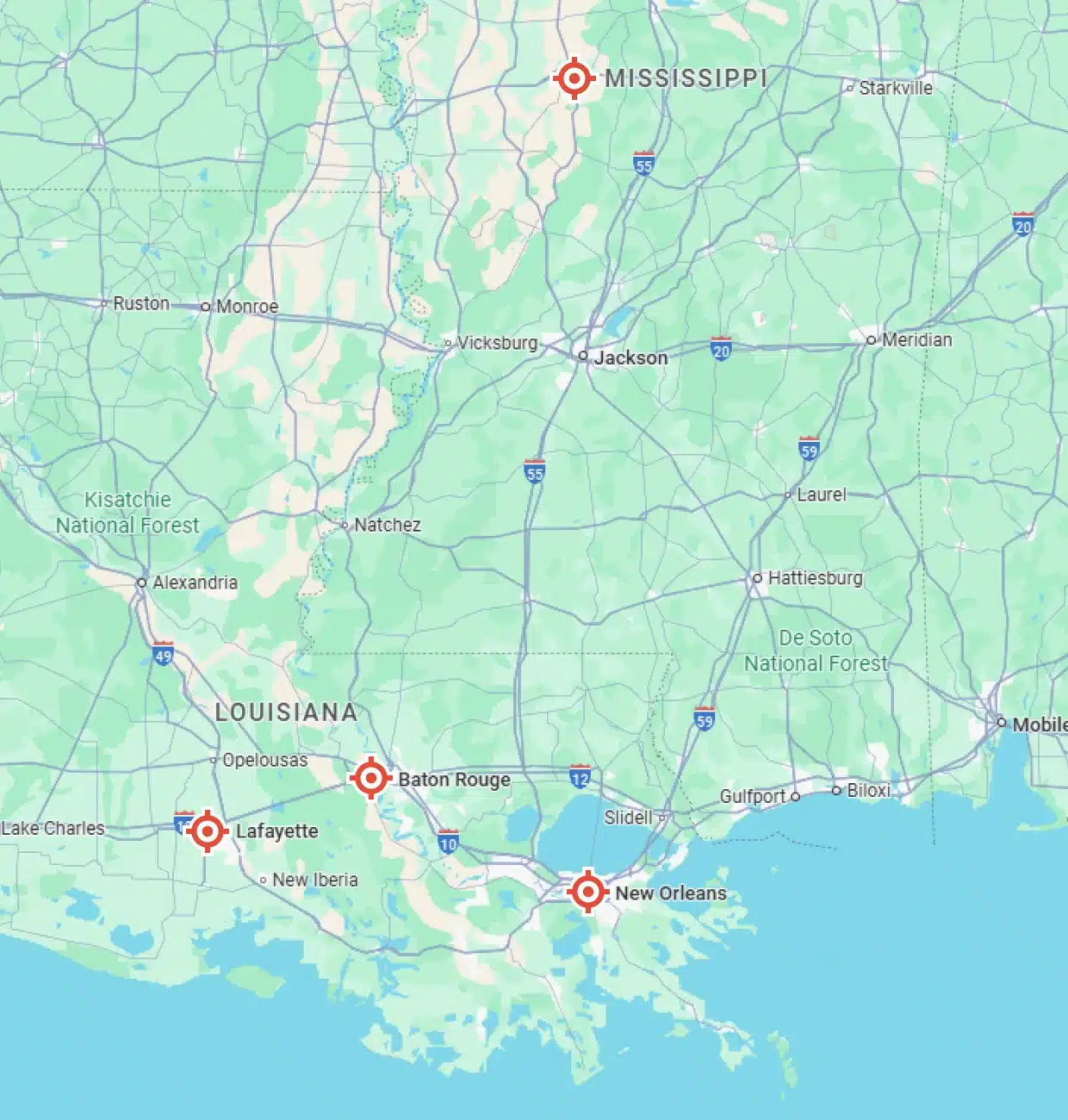 Map of Mississippi and Louisiana
